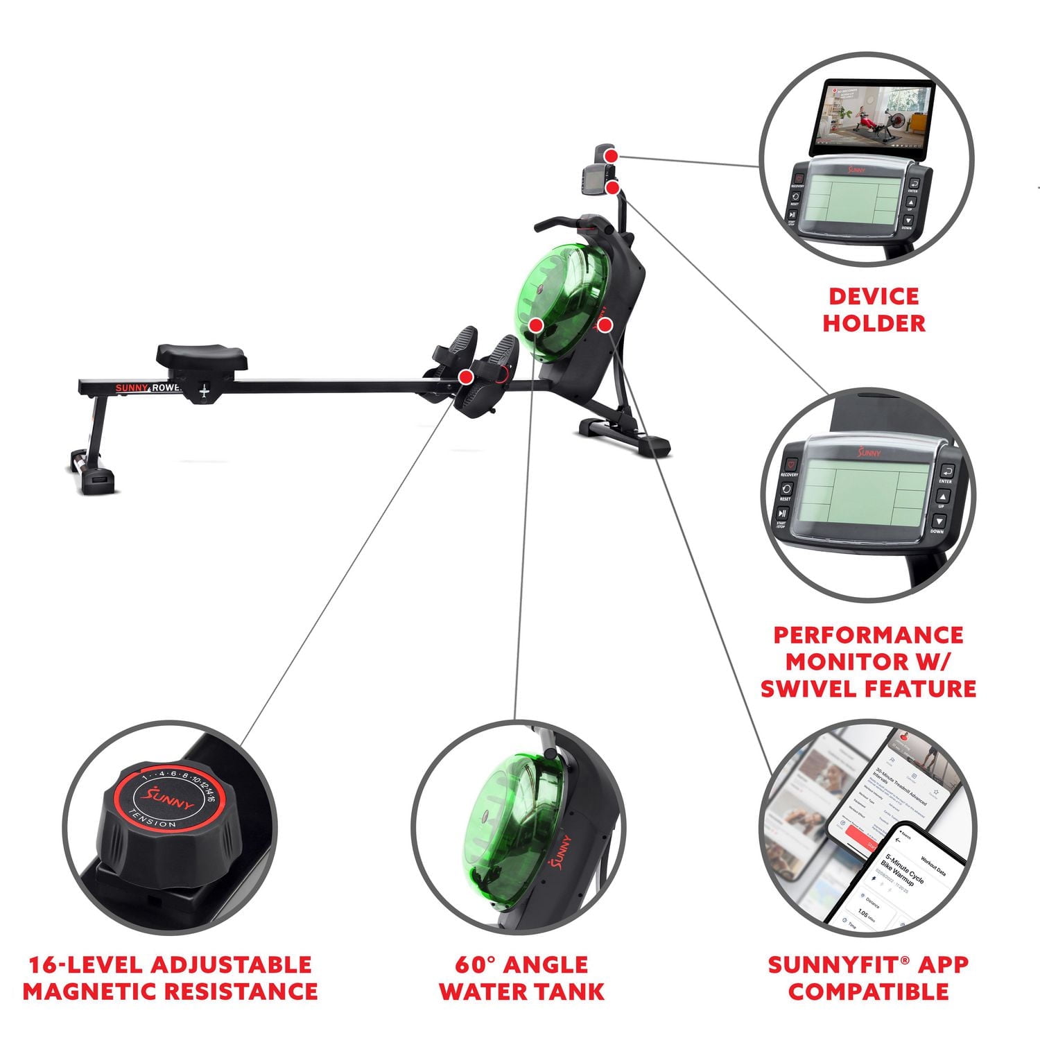 Sunny Health & Fitness Machine à ramer élite avec réservoir vertical à haute résistance, application SunnyFit Bluetooth exclusive