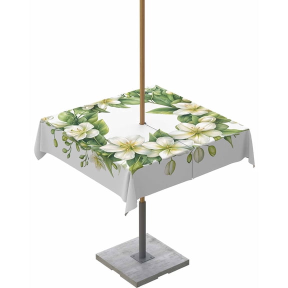 nqOlkjepod Green Floral Leaves Outdoor Tablecloth with Umbrella Hole & Zipper, Spring Botanical Blooms Square Table Cover 60x60 Inch, Dining Waterproof Table Cloth Protector for Patio/Party/Picnic