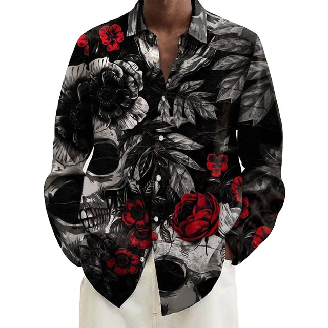 Camisas Para Hombre Manga Corta Ropa de estilo informal para hombre, camiseta de manga larga con estampado de moda de Halloween, camiseta de primavera y otoño para hombre (Black, XXL)