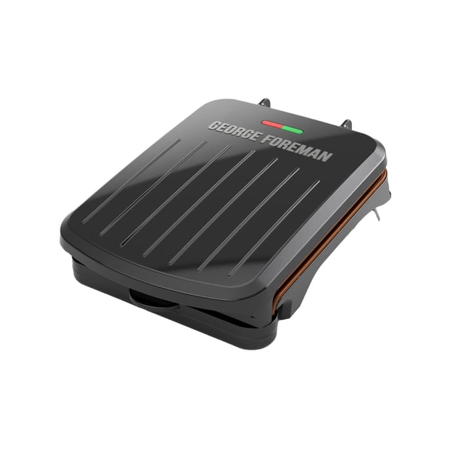 George Foreman Parrilla Interior Eléctrica de 2 Porciones con Placas Antiadherentes, Prensa Panini, Diseño Delgado Que Ahorra Espacio, Bandeja de Goteo, Carcasa de Plástico Negro