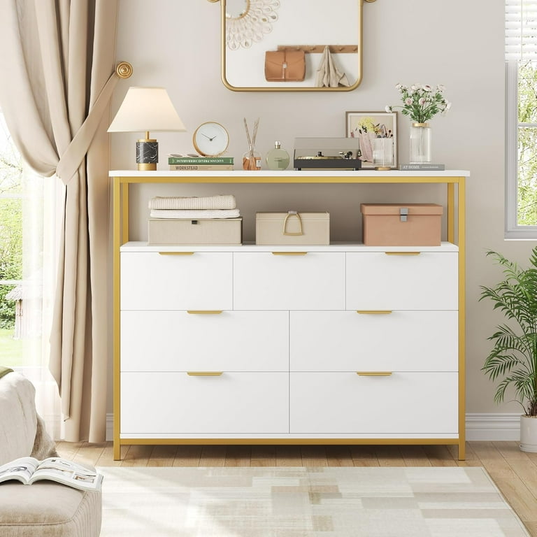 Modern 7 Drawer Dresser, White Dresser with Metal Handles, White and Gold Dresser, Tall Dresser Chest of Drawers, Large Capacity Chest Storage Organizer for Living Room, Entryway, White.