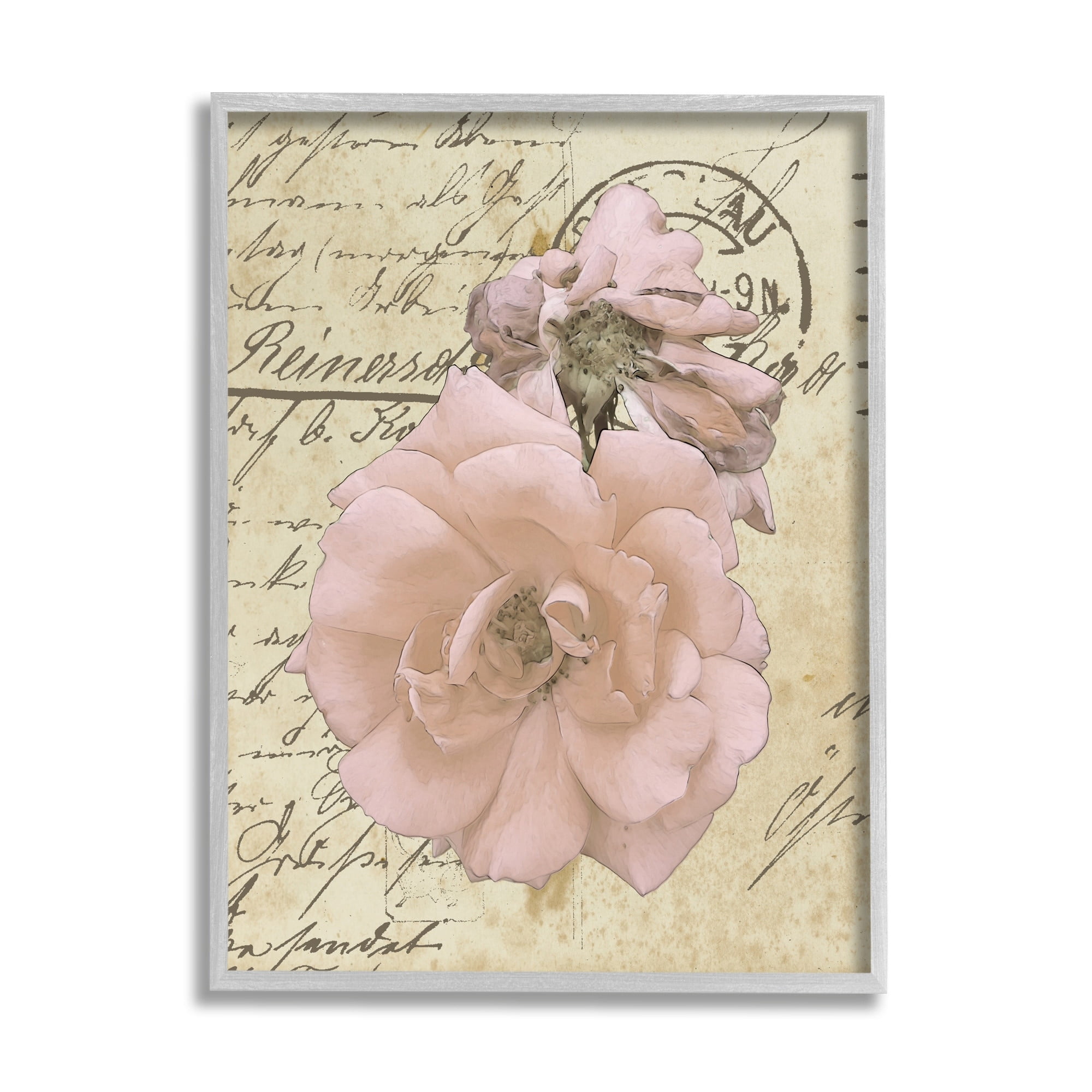 Stupell Industries Soft Pink Florals on Vintage Postal Letter,11 x 14,Designed by Alonzo Saunders