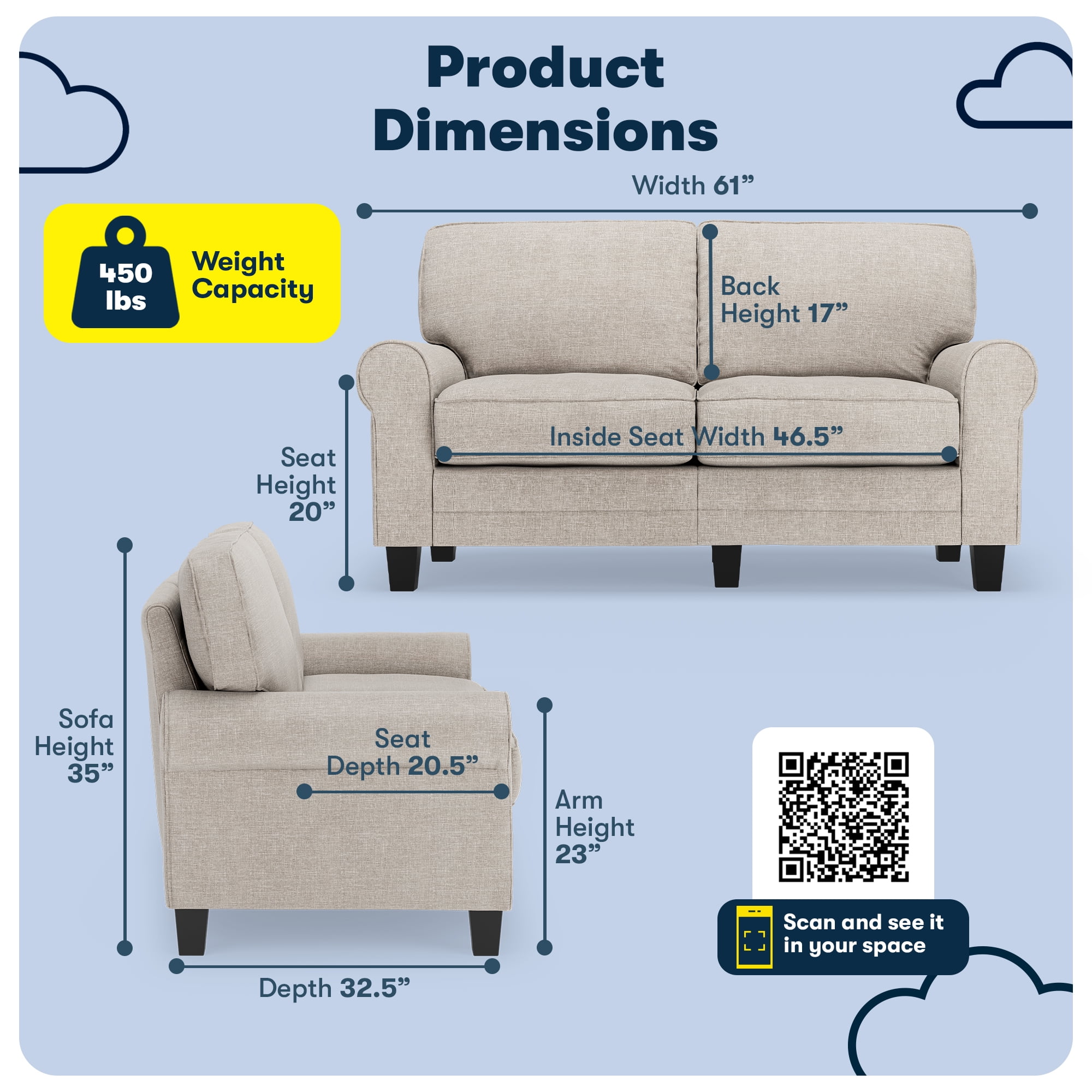 Serta Copenhagen 61" Rolled Arm Sofa, Easy Care Polyester, Loveseat or Couch for Small Spaces, Light Gray