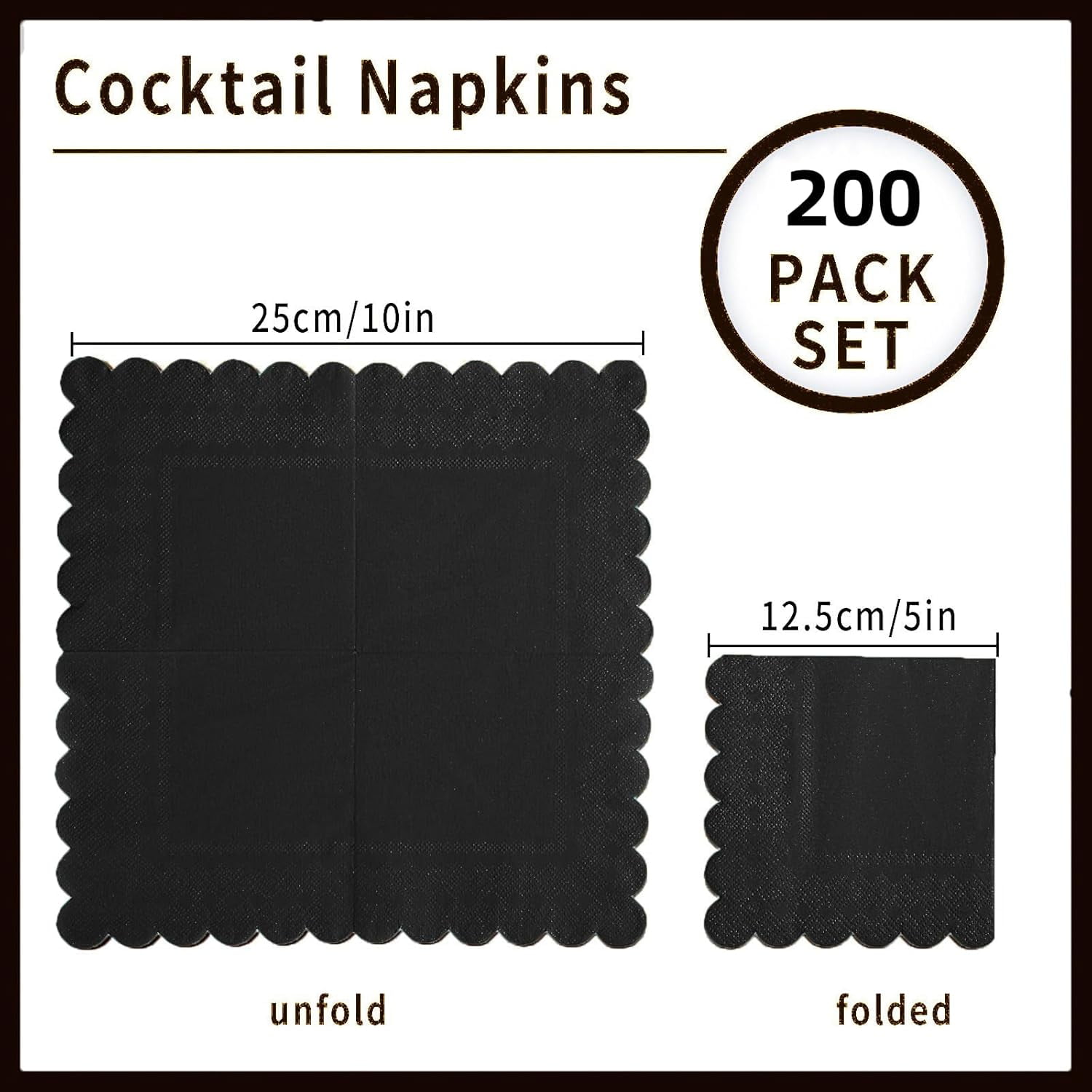 200 Pack Cocktail Napkin 2-Ply Scalloped Edged Dessert Napkins Folded 5 x 5 Inches Disposable Napkins for Dinner Wedding Birthday Party Bridal Anniversary Reception Event (Black)
