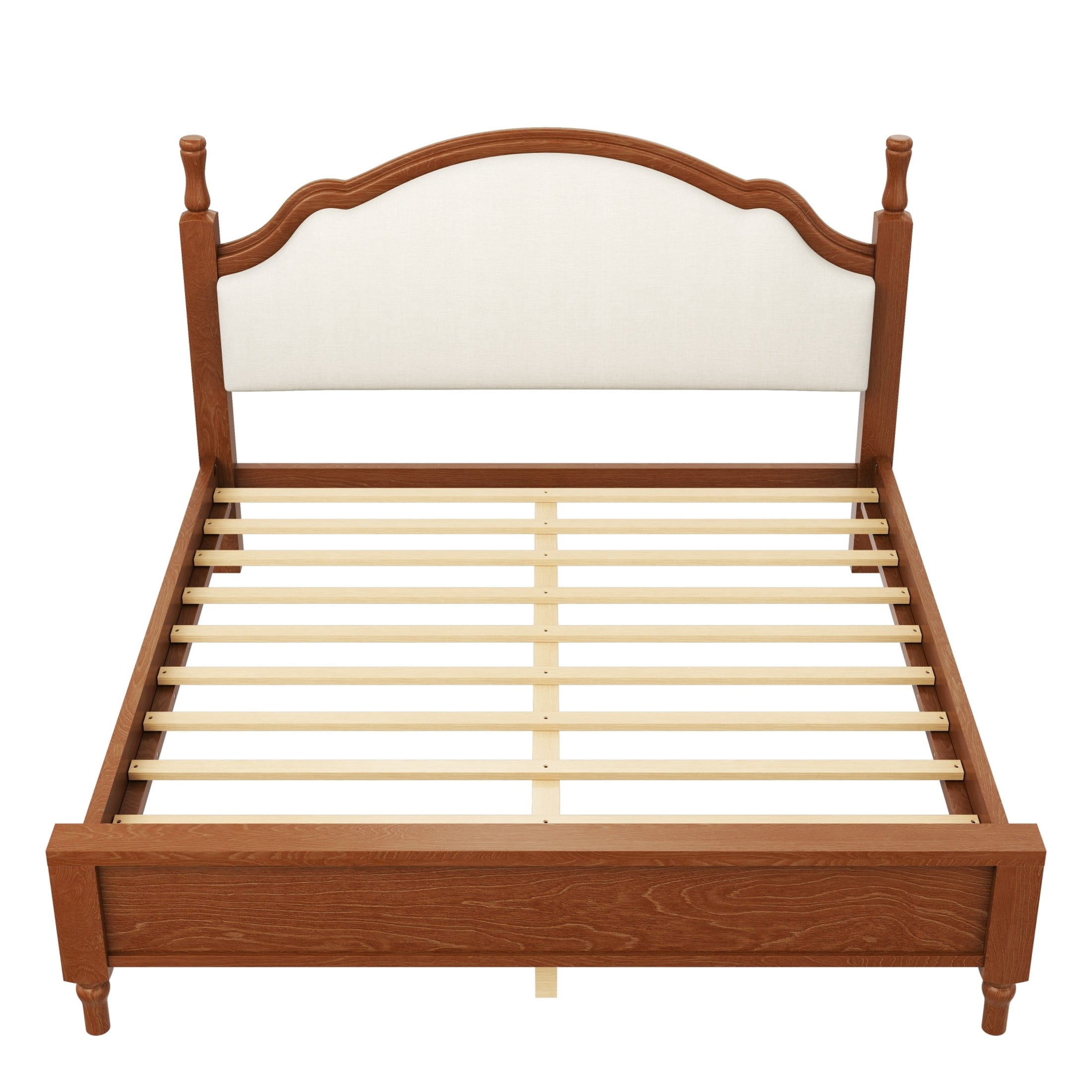 Noble House Caldon King Size Platform Bed, Pine Wood Frame with Curved Upholstered Headboard, Beige and Brown