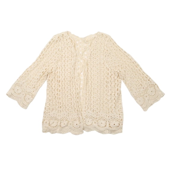Women Spring Long Sleeve Cardigan Hollow Out Crochet Knit Floral Sweater Cover Up Open Front Scalloped Hem Mesh Net Sunscreen Shrug Coat Beachwear