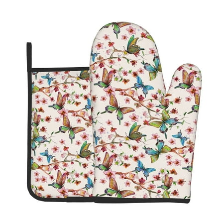 

KLL Floral With Butterflies Pattern Oven Mitts and Pot Holders 2pcs Sets for Kitchen Oven Mitt Heat Resistant 536°F Oven Gloves for Kitchen Cooking and Baking