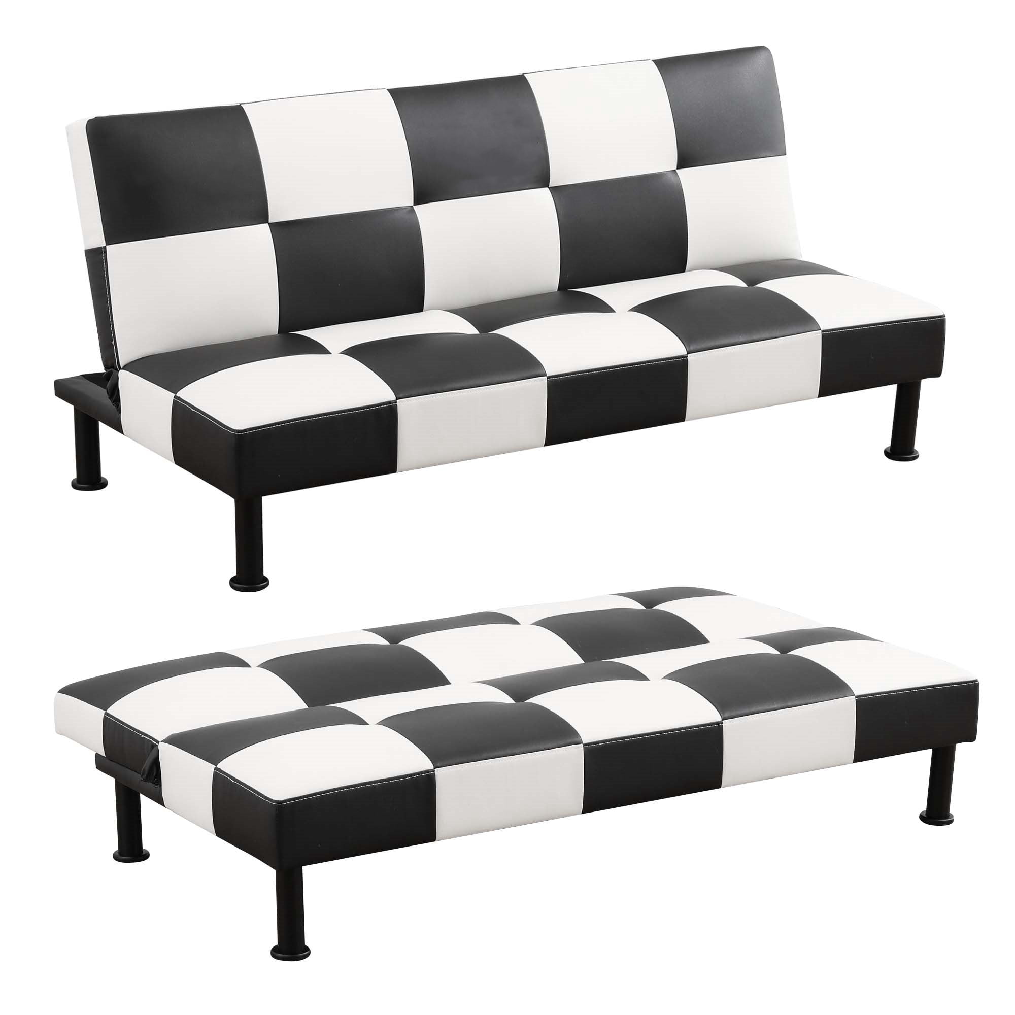 Aukfa Studio Futon Convertible Sofa Bed, Tufted Back, Leather, Black&White