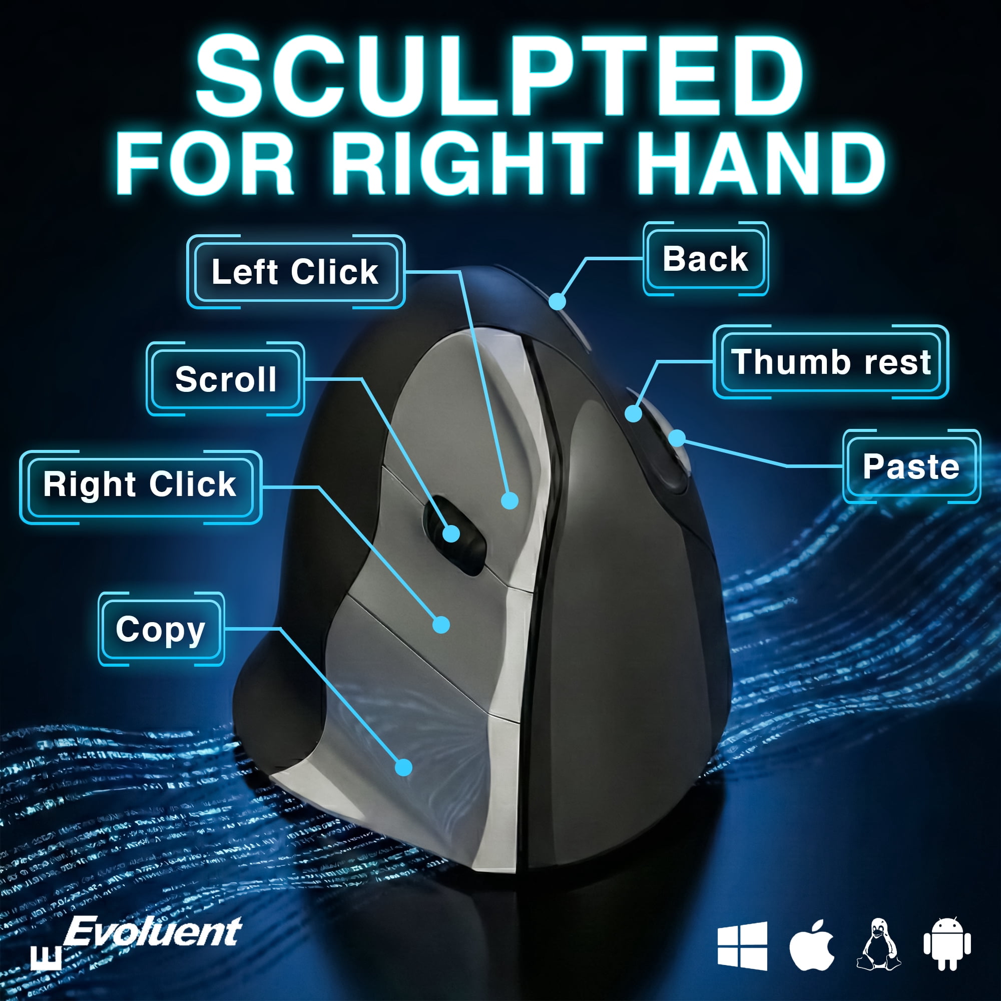 Evoluent – Inventor of The Vertical Mouse – VMC Vertical Ergonomic Mouse Wireless USB/Bluetooth Ergo Design for Right Hand M-L, Sculpted Comfort, 4 Speeds, Copy & Paste Buttons
