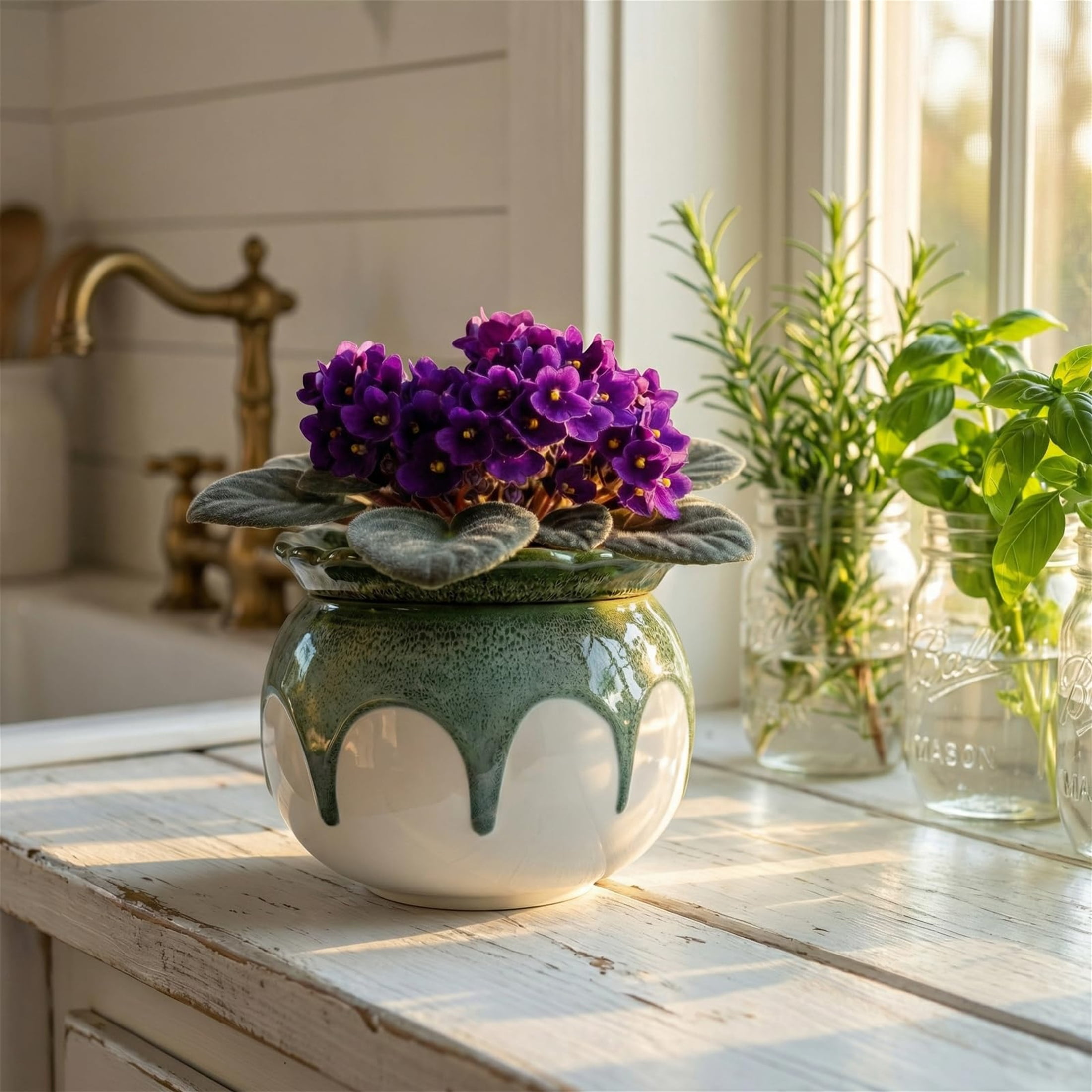 BUYMAX 6" Ceramic Self Watering Pots for Indoor Plants, African Violet Pots, Jade Green Reactive Glaze, Handcrafted Artisan Flower Pot