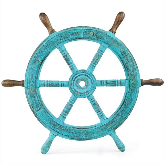 Nagina International Nautical Wooden Antique Vintage Captain's Ship Wheel - Pirate Home Decor Gifts - Nursery Wall Hangings (24 Inches, Antique Ocean Blue)