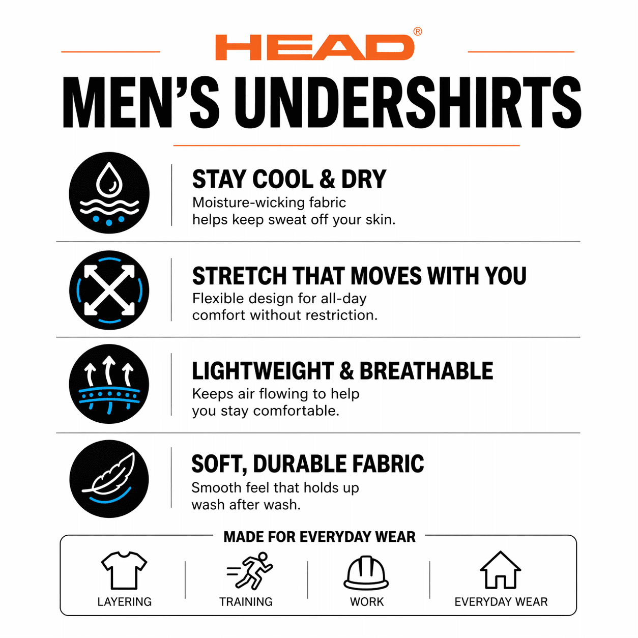 Head Mens 3Pk Performance Air-Vent Packaged Crew Undershirts, Black, L