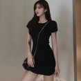 thumbnail image 2 of Robes pour Femmes Robe à Encolure Trapèze Style Coréen Robe à Manches Courtes Robe d'Été Grande Taille Robes de Couleur Unie pour Femmes Noir G, 2 of 5