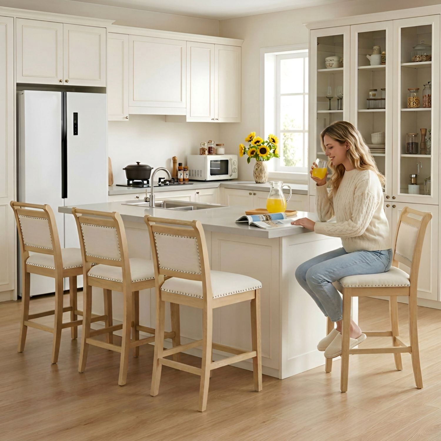 Dayalane 26" Farmhouse Counter Height Bar Stools Set of 4, Rustic French Wooden Barstools with Linen Fabric Upholstered , Top Rail Nailhead Breakfast Bar Stool for Bar Kitchen Island Bistro, Ivory