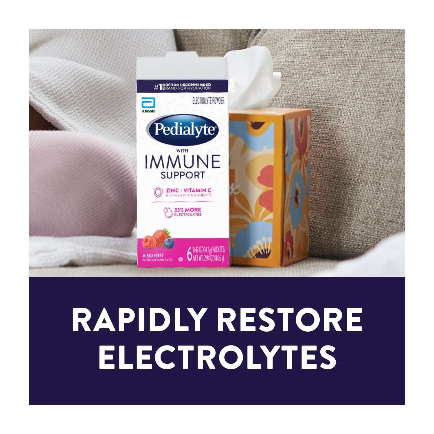 (3 pack) Pedialyte with Immune Support, Electrolyte Drink Powder, Mixed Berry | 6 Powder Packets
