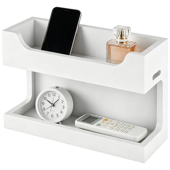 Wooden Bedside Caddy, Wall Mounted Shelf with Dual Storage Layers, Bedside Accessories Organizer with Charging Port for Phone, Remote, Earphone, Glasses