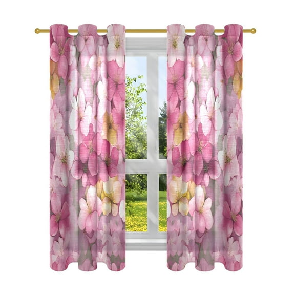 Pink Flower Print Semi Sheer Curtains for Living Room Bedroom Set of 2 Insulated Window Drapes