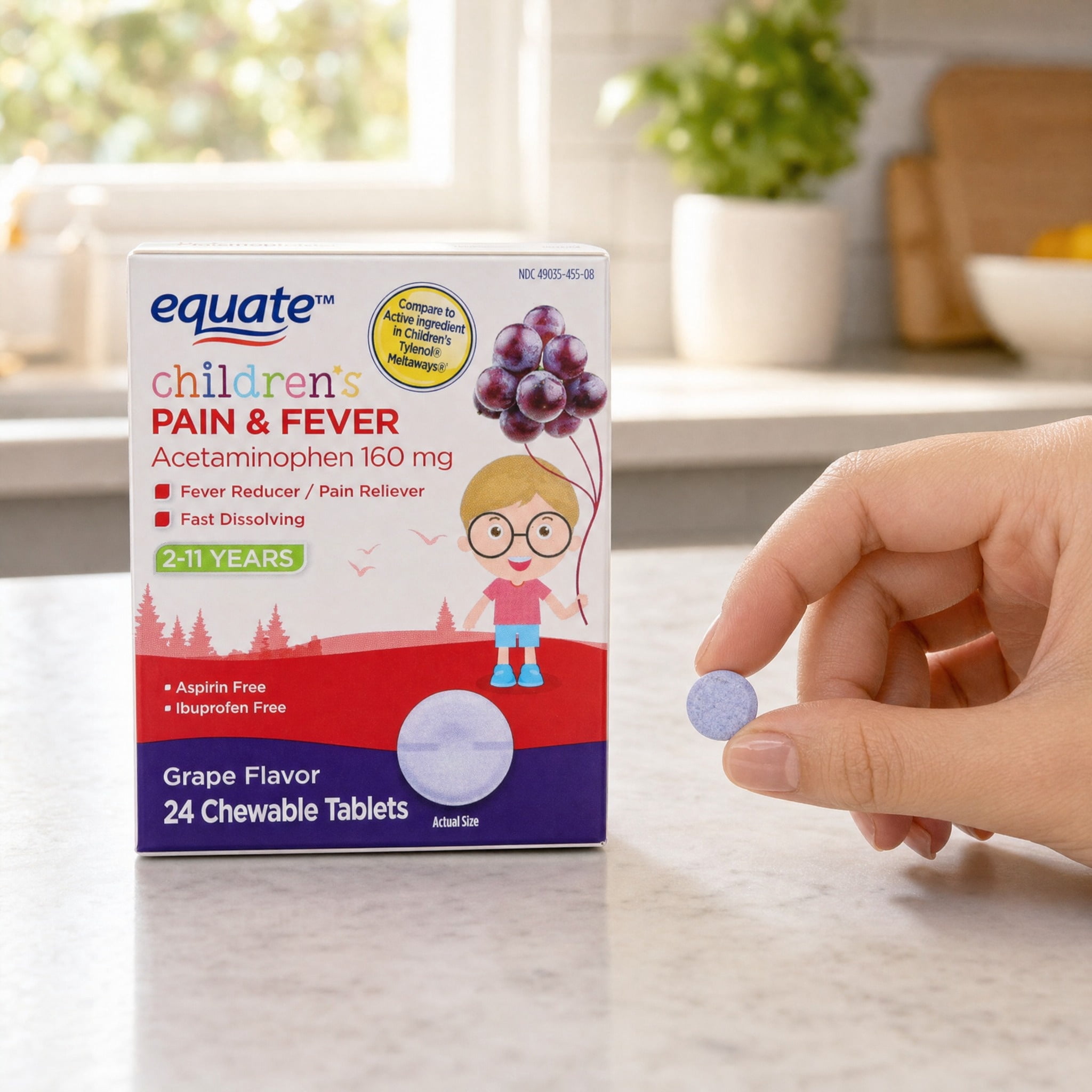 (3 pack) Equate Children's Pain & Fever Relief Acetaminophen Chewable Tablets, 160 mg, Grape Flavor, Ages 2 to 11 Years, 24 Count, Compare to Children's TylenolÂ® Active Ingredient