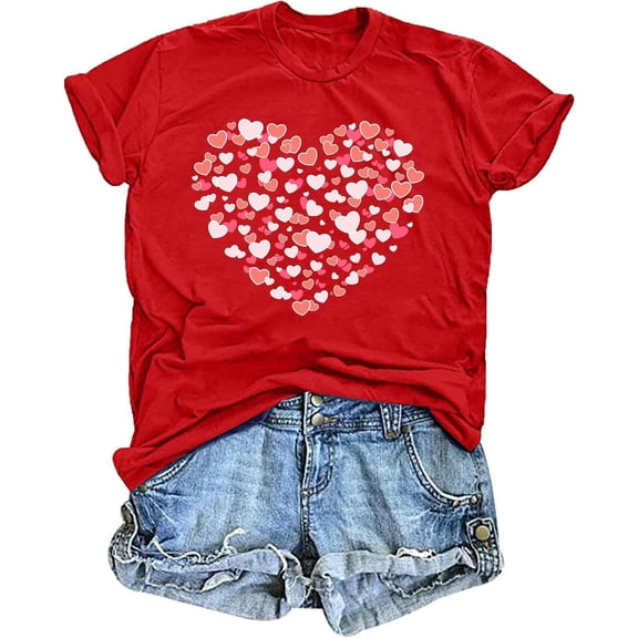 Womens Work Shirts Tops Valentine’S Day Heart Print Short Sleeve Women Tees Blouses Red 2XL