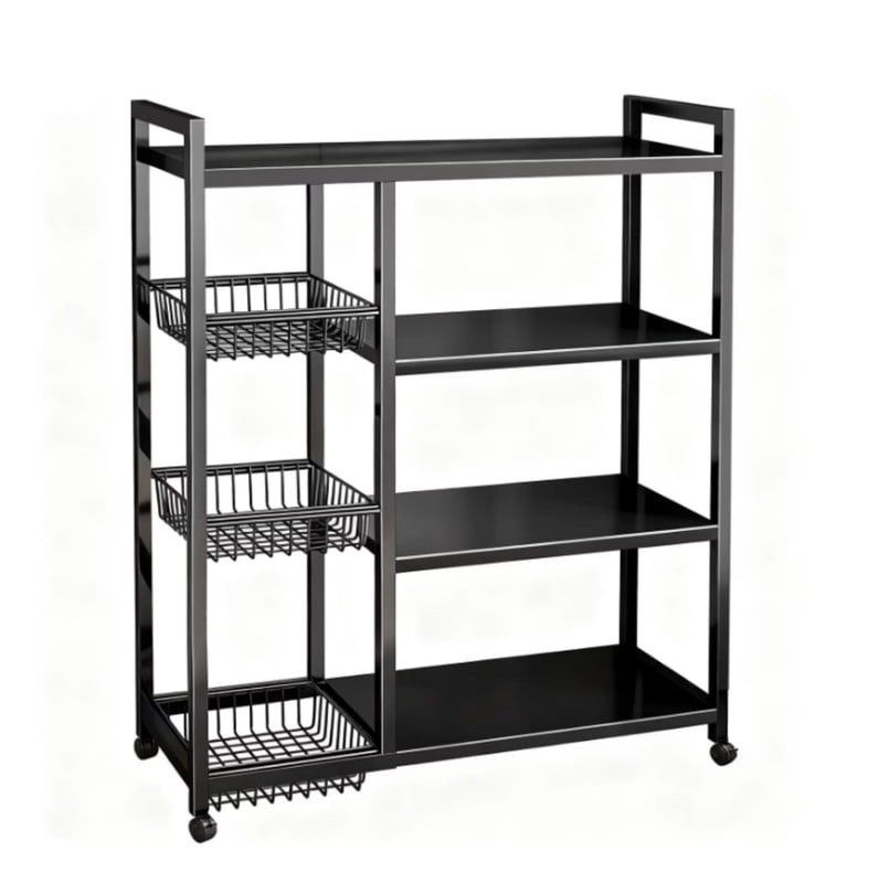 4-Tier Metal Heavy Duty Kitchen Rack, Mobile Utility Service Cart Kitchen Organizer Shelf with 3 Baskets, Organizer Shelves Storage Rack for Kitchen Garage