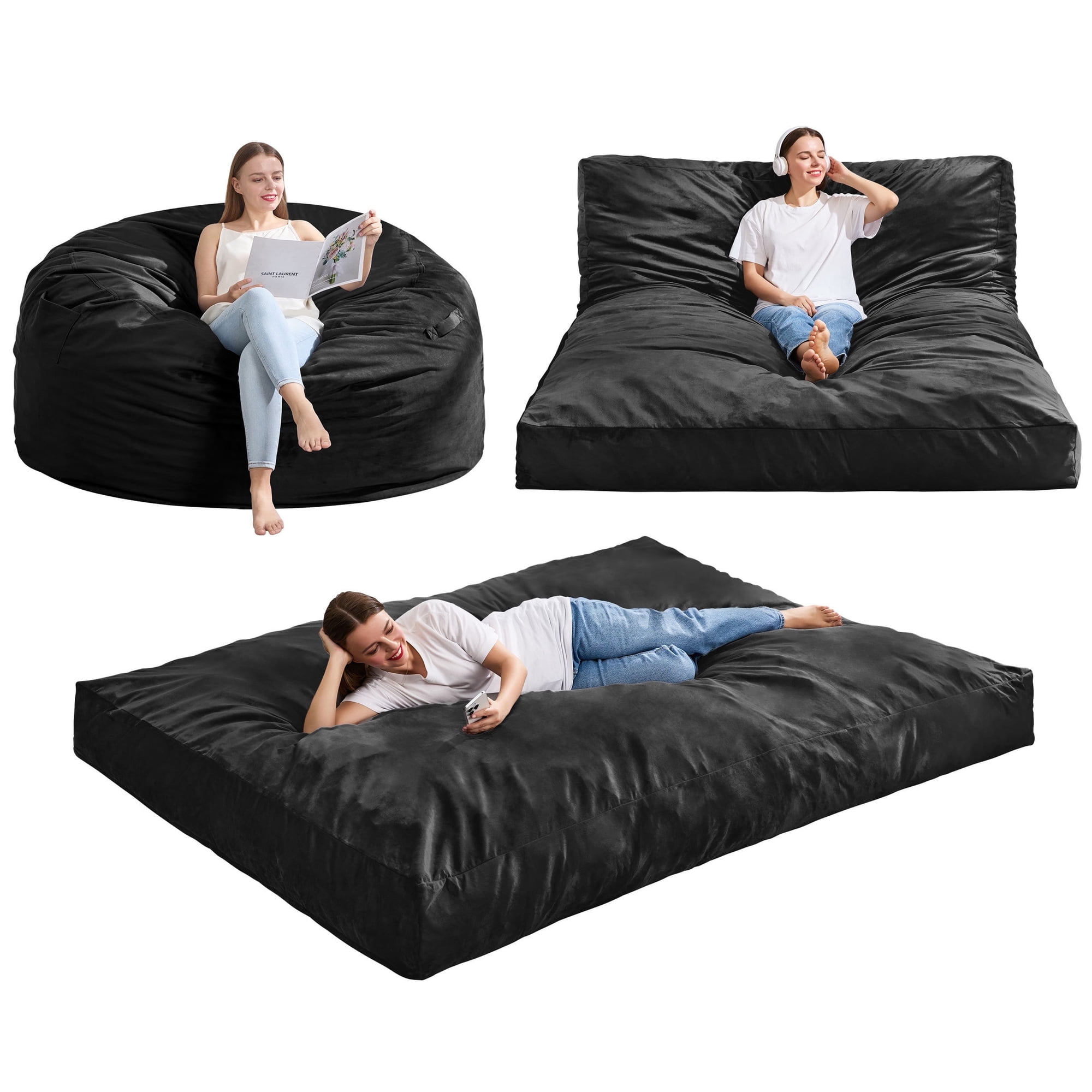 Hobestluk Bean Bag Chair 3 in 1 Beanbag Chairs for Adults, Large Bean Bags with Removable Velvet Cover, Convertible Adult Bean Bag Chair for Living Room, Bedroom, Playroom (Black, Queen)