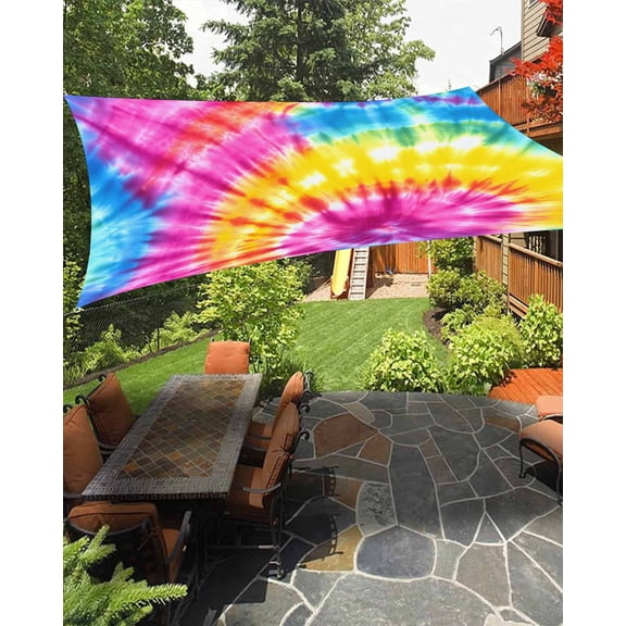 Round Corlorful Tie-dye Sun Shade Sail 8'X10' Blue Watercolor Retro Ethnic Style UV Block Outdoor Sail Shades Breathable Waterproof Rectangular Sunshade for Patio Garden Pool Pergola Porch