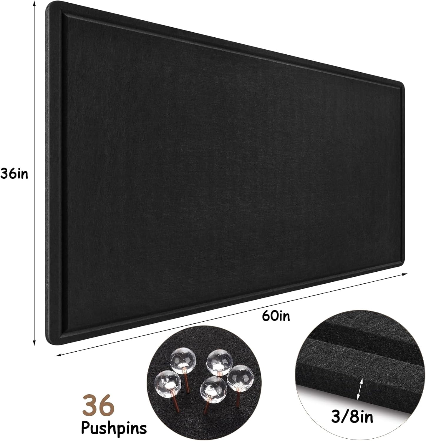 Large Bulletin Board, Foldable 60x36 Inches Cork Board Alternative, Felt Decorative Pin for Wall, Photo Self-Adhesive Vision with 36 Pushpins Black