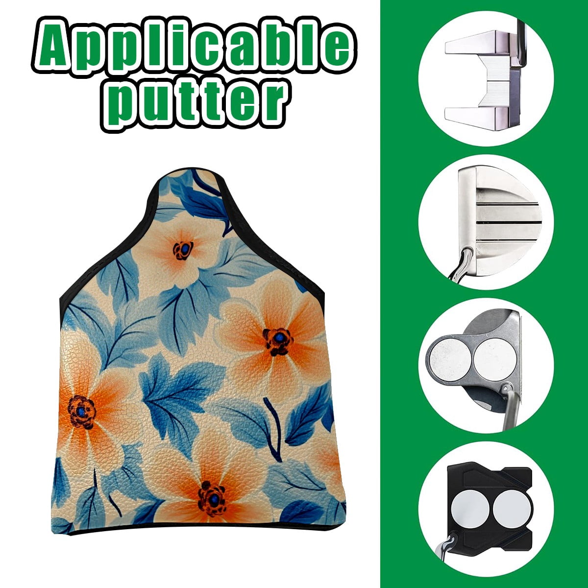 Golf Mallet Putter Cover Premium Leather Waterproof Golf Putter Head Cover with Magnetic Closure Peach and Blue Florals