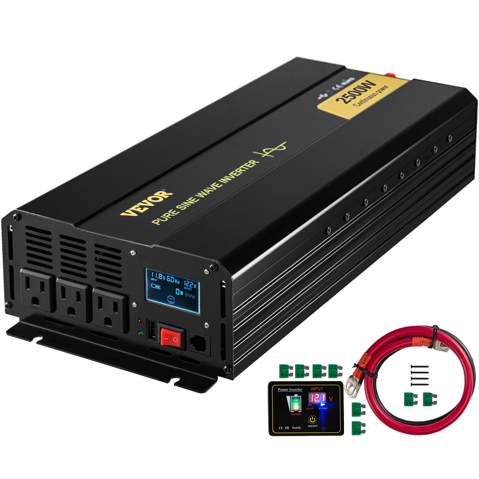 1500W Pure Sine Wave Power Inverter DC 12v to AC 110v-120v with 4.8A Dual USB Ports and Remote Control LCD Display for Home RV Truck 