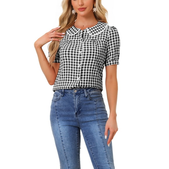 BLUSA DE MUJER CON COLLAR PETER PAN EN CONTRASTE, MANGAS CORTAS ABULLONADAS, CAMISA DE CUADROS, TALLA L, NEGRO