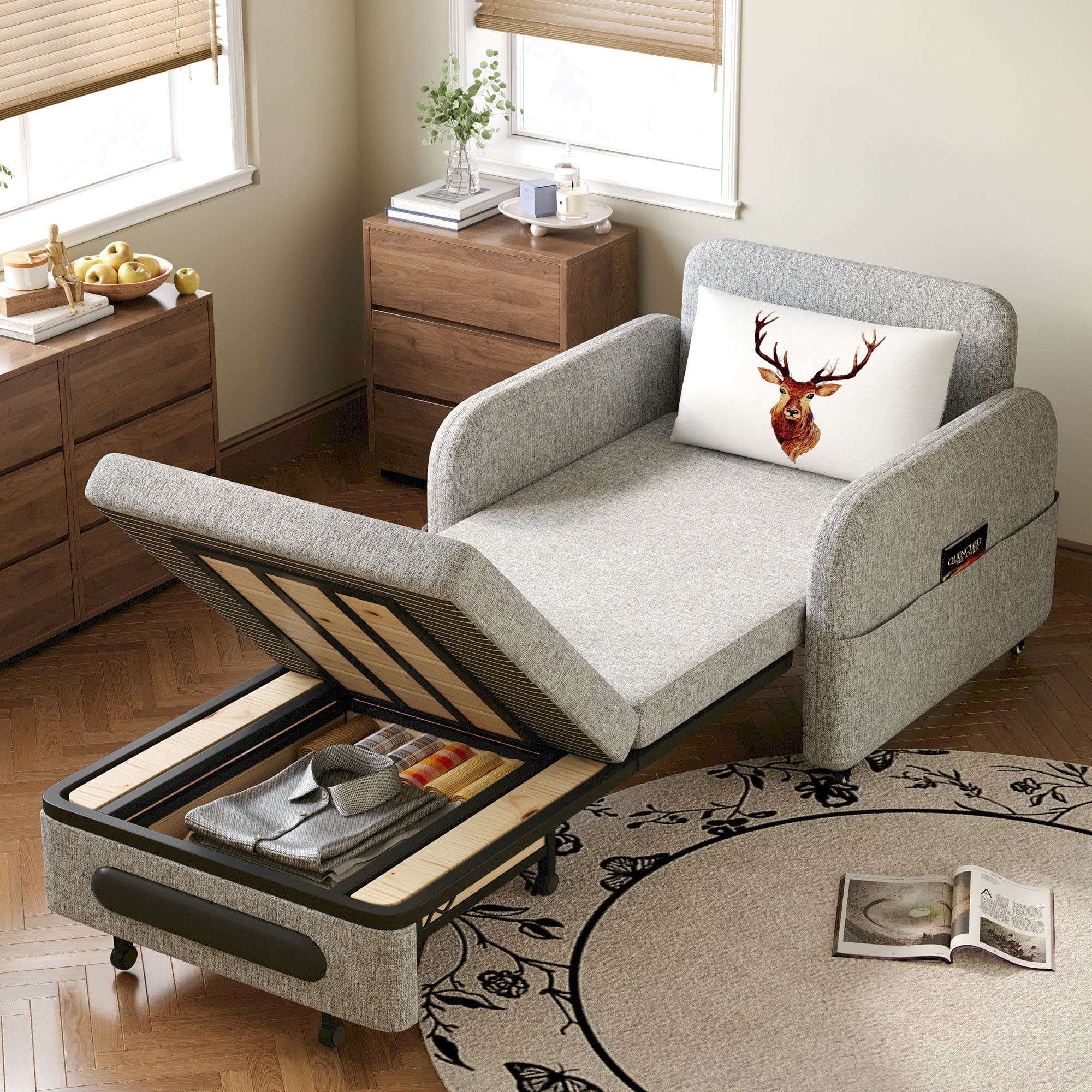 NessCarsti Living Room & Apartment Gray & White Sofa Bed - Extendable Design with Storage Trundle, Convertible Futon
