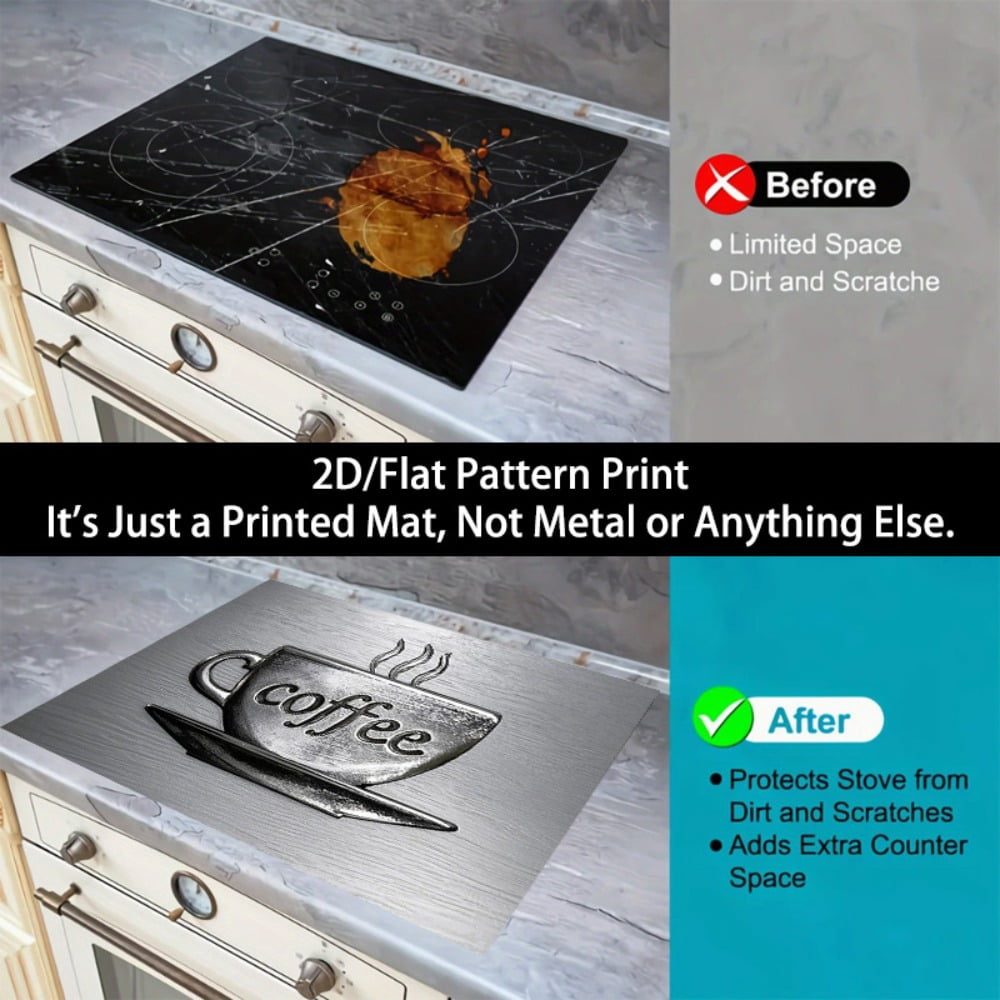 1 2D/flat stove cover protection pad, embodged coffee cup pattern design, 28.3x20.5 inches (72×52cm), easy to clean, perfectly suitable for any kitchen, washing machine, dryer, stove panel protection