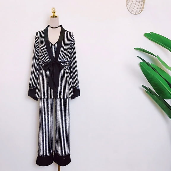 Mrat Pajama Sets Sleepwear V Neck Pajamas Set Ladies Belt Striped Winter Home Wear Lace Pajamas Three-Piece Suit M-XL Pajamas wear Two-piece