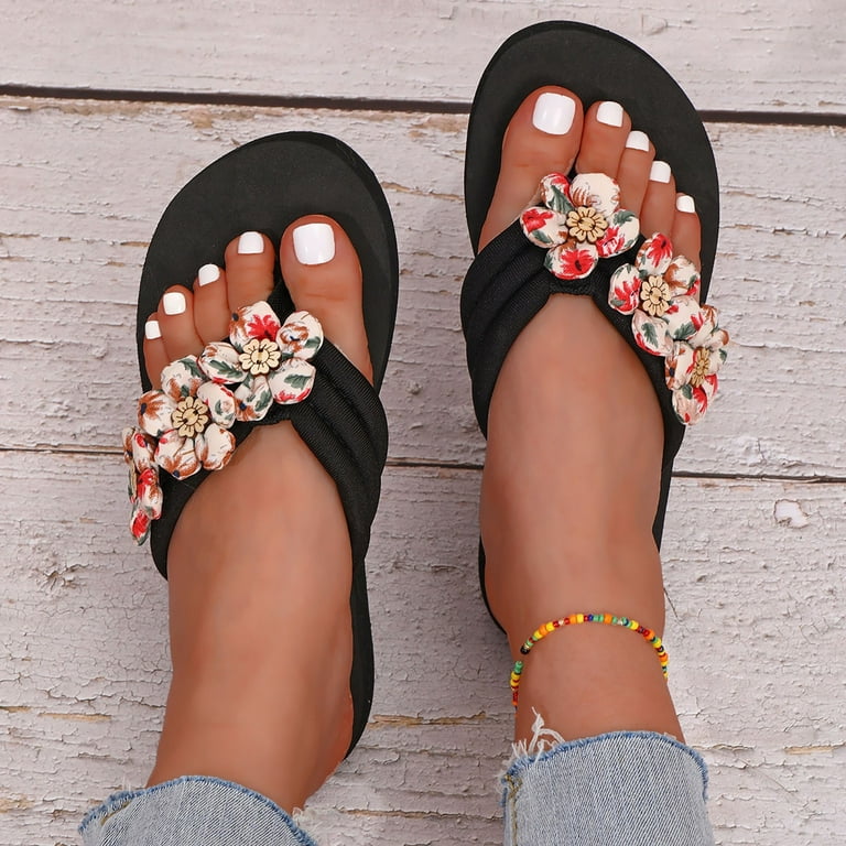 Aayomet Summer Slippers For Women Ladies Flip Flops Open Toe Flowers  Bohemian Sandals Casual Shoes Fancy Flip Flops for Women,Black 8