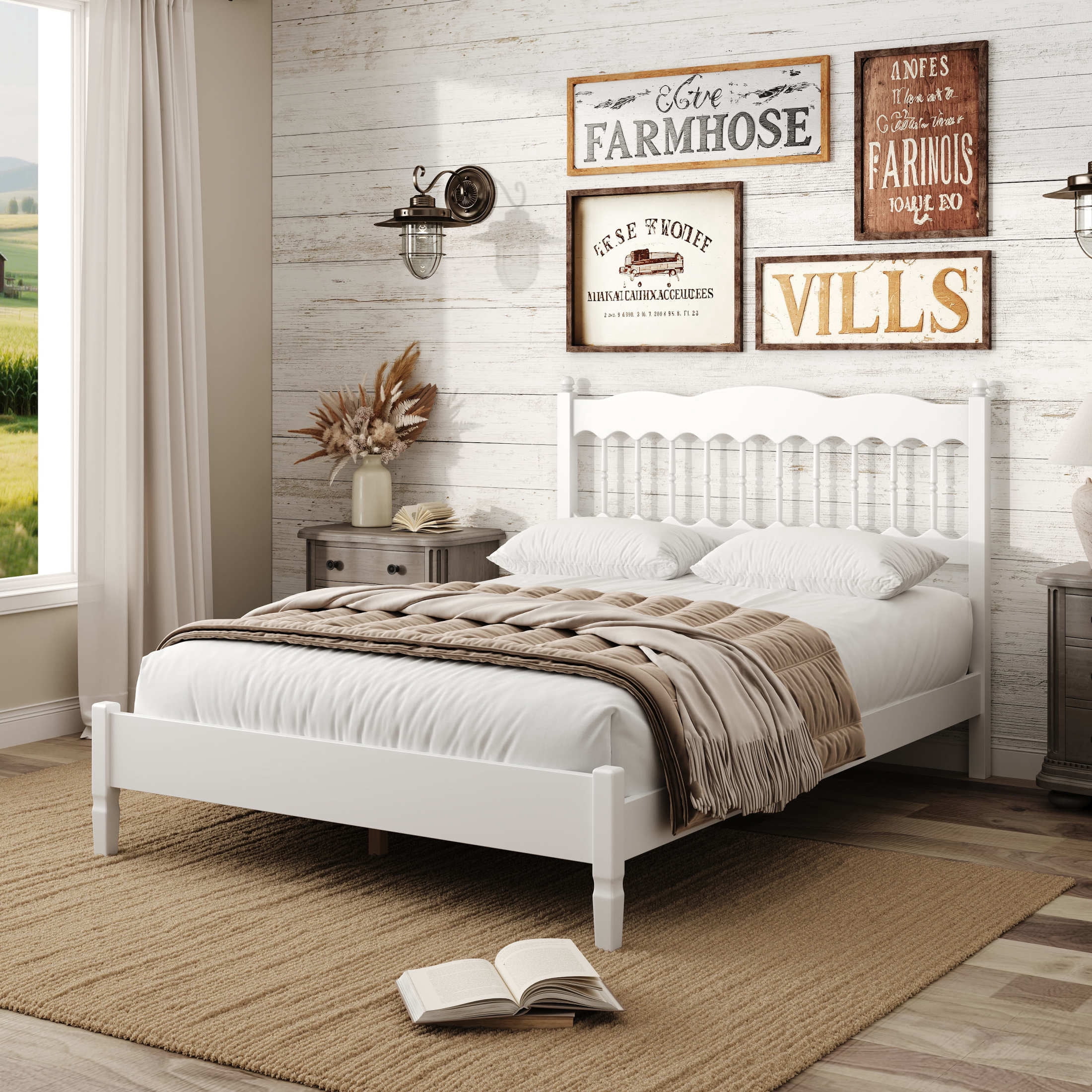 Noble House Onius Countryside Style Full Size Wooden Bed Frame, Heavy-Duty Platform Bed with Center Support, White