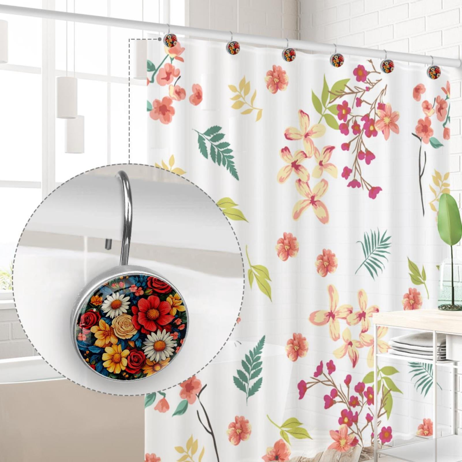 Blossom Daisy Red Roses Shower Curtain Hooks Round Crystal Glass, Set of 12 Shower Curtain Rings - Shower Hooks for Curtain Shower Rings
