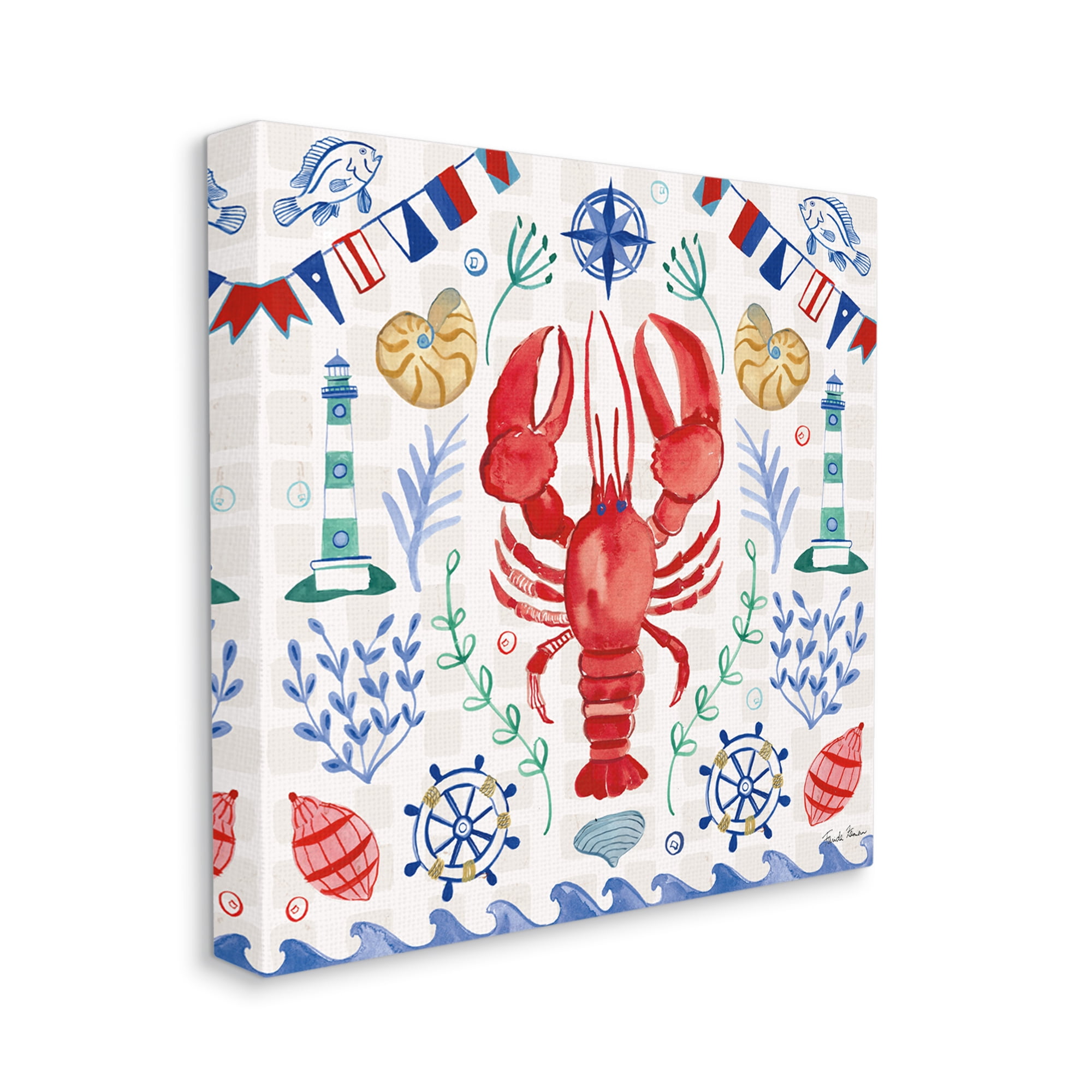 Stupell Industries Lobster on Nautical Pattern Animals & Insects Painting Gallery Wrapped Canvas Print Wall Art, 36 x 36