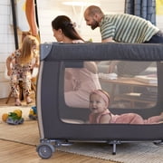 Monbebe Play Yard – Full-Size Rocking Bassinet, Removable Changer & Toy Bar – Castle Point