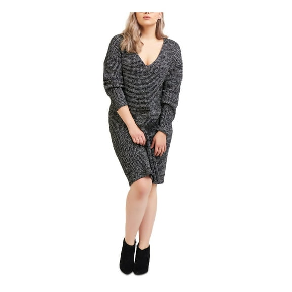 BLACK TAPE Womens Black Long Sleeve V Neck Knee Length Wear To Work Sweater Dress Plus 2X