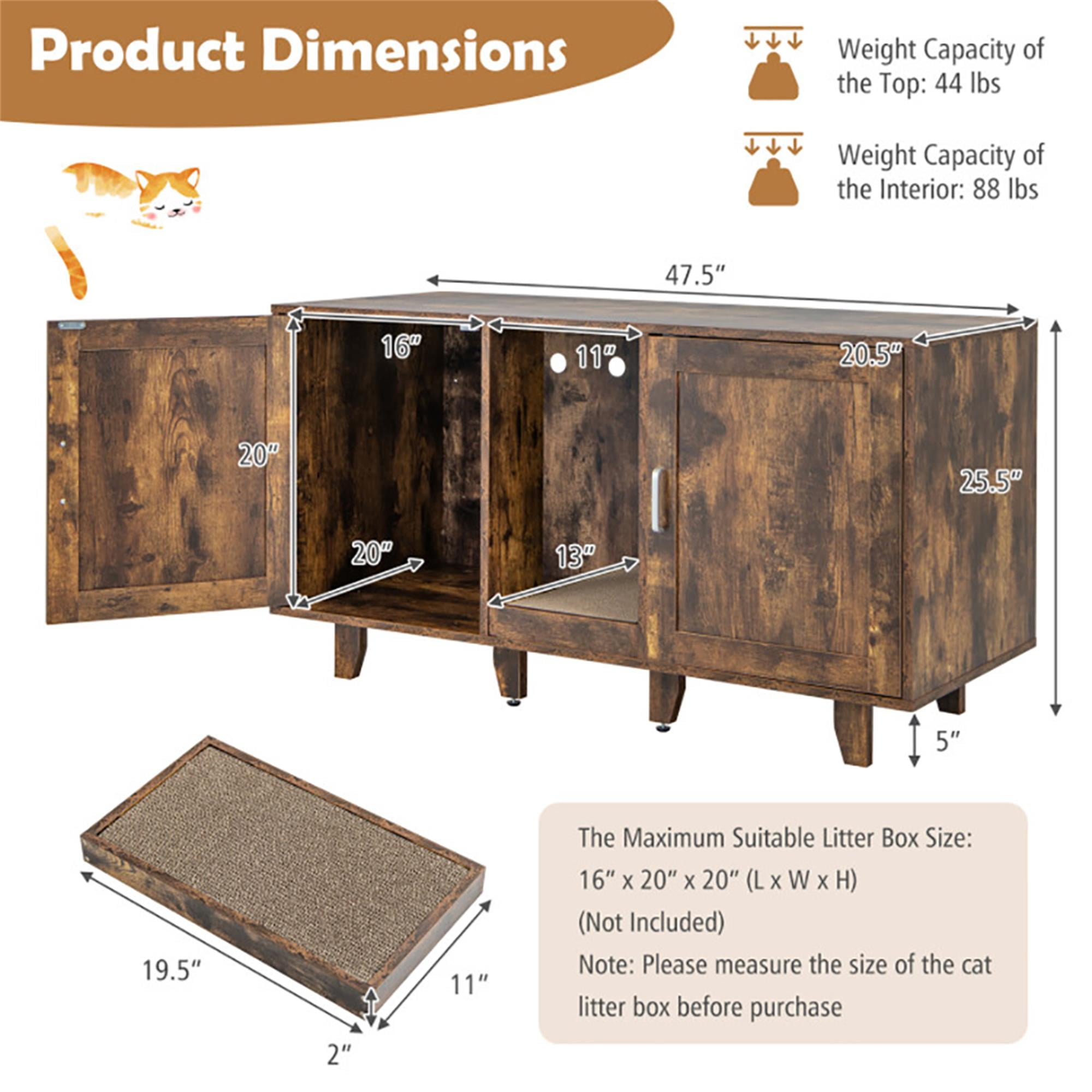 Kadyn 47" 2-Door Cat Litter Box Enclosure with Winding Entry and Scratching Board, Hidden Cat House Washroom Furniture, Dark Brown