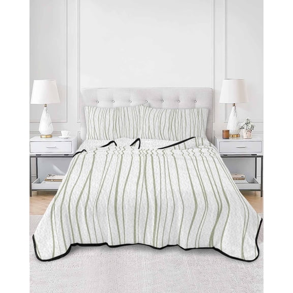 Quilts King Size, Sage Green Soft Comforter Bedding Set for Bed, Abstract Lines Gradient Minimalist Modern Lightweight Quilted Bedspread with Pillow Cover(2 Pieces) for All Season, 96x106 Inch