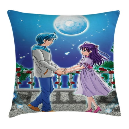 Anime Throw Pillow Cushion Cover, Illustration of Romantic Couple Holding Hands under Moonlight Love in Manga Themed Print, Decorative Square Accent Pillow Case, 20 X 20 Inches, Multi, by