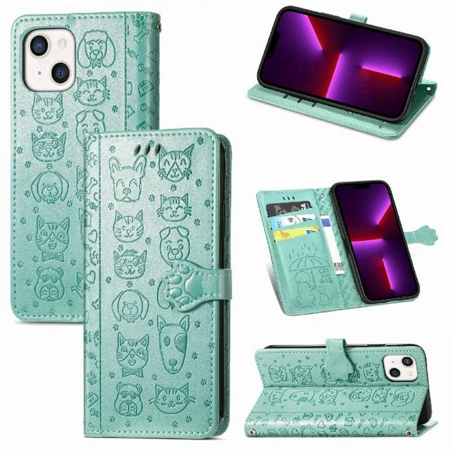 Funda Cartera FOXDOCK para iPhone 13 , Flip PU con Relieve de Gatos y Perros, Tarjetero y Soporte