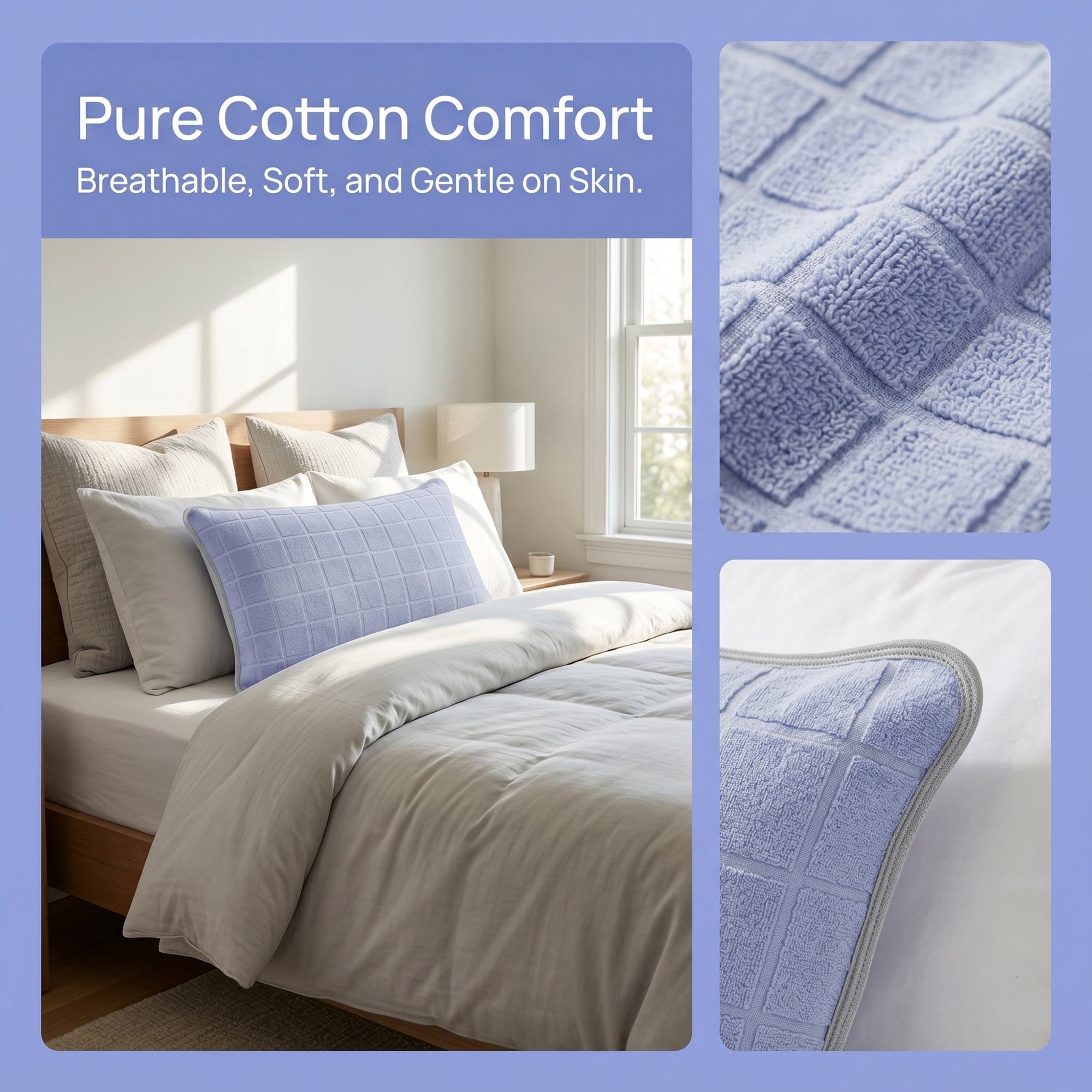 Unique Bargains Comfortable Breathable Cotton Pillow Protector with Outer Pockets Blue