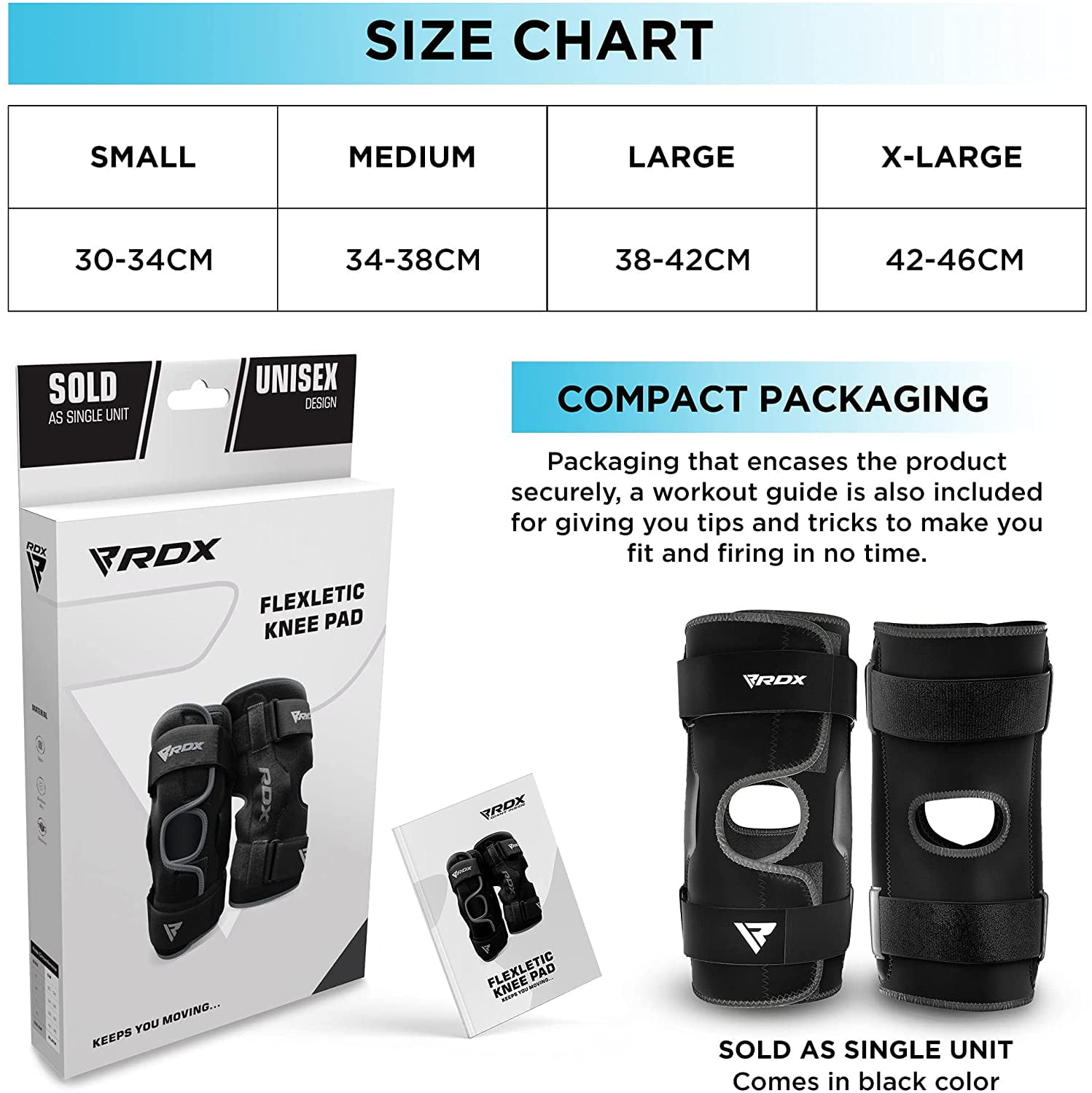 RDX Knee Support Brace, Open Patella Neoprene Elasticated. Black, L Sold as Single Item