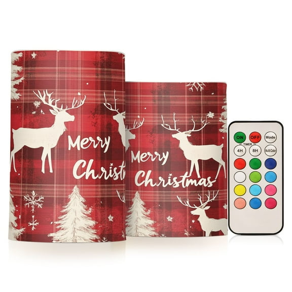 BZSMCE Flameless Candles LED Lights Dark Red Plaid Pattern with Reindeer Creativity Battery Candles