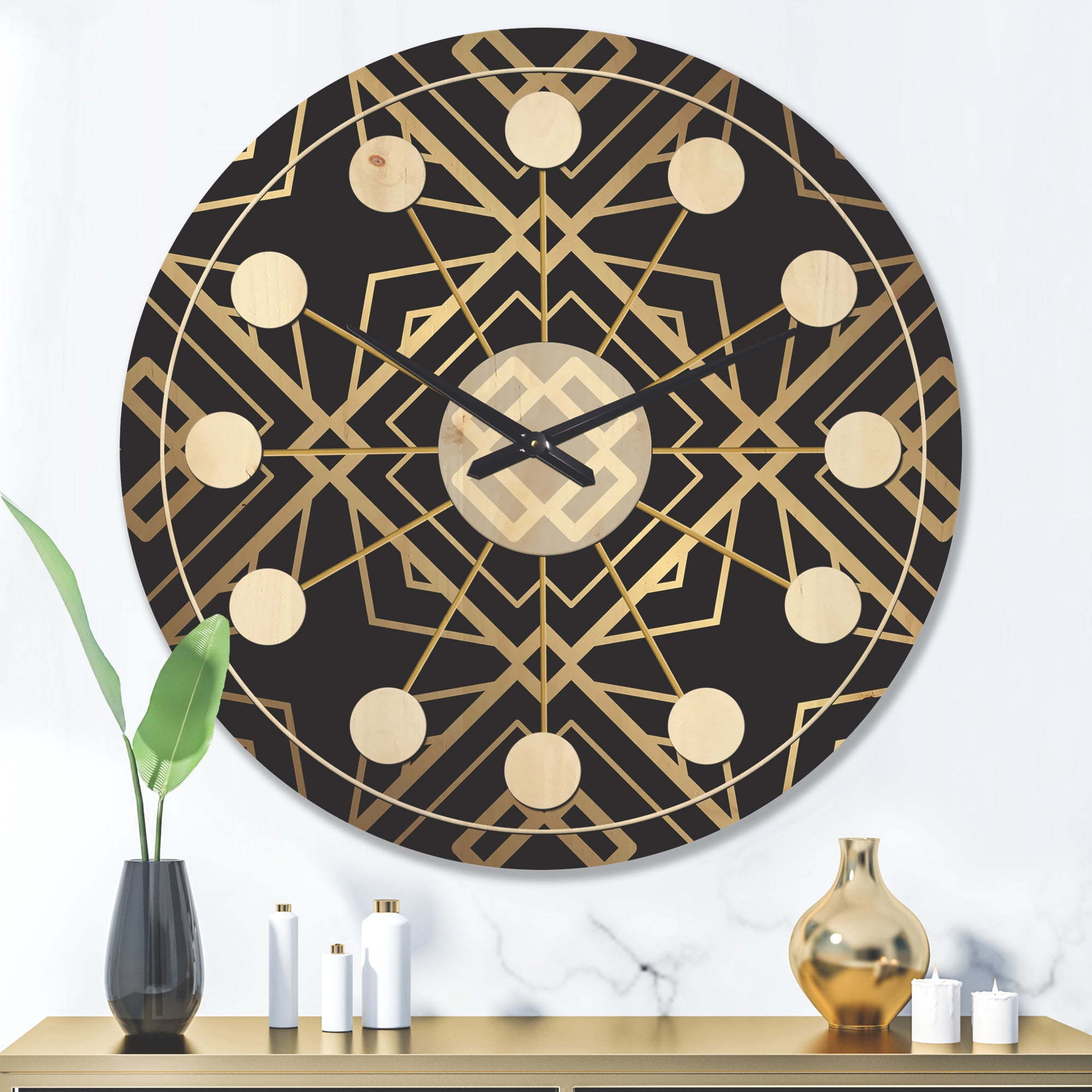 Designart 'Black and Gold Art Deco Pattern' Mid-Century Modern Wood Wall Clock