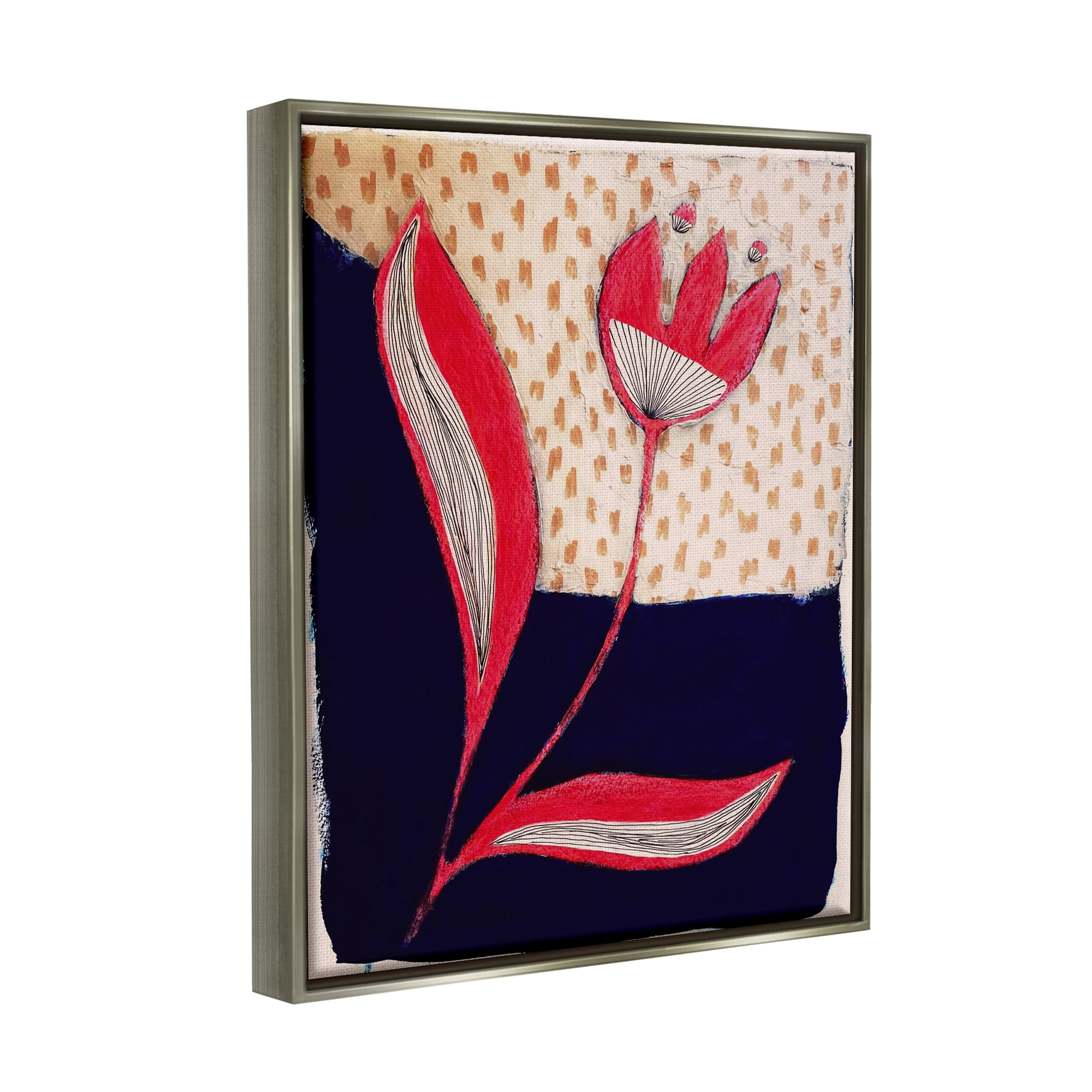 Stupell Industries Red Abstract Flower Botanical & Floral Painting Gray Floater Framed Canvas Art Print Wall Art, 17 x 21