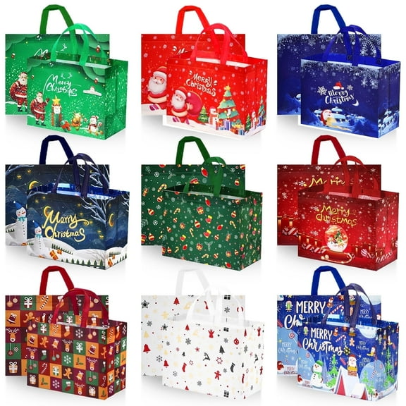 18 Pack Christmas Gift Bags with Handles, Large Non-Woven Tote Bags for Wrapping Xmas Party Favors, 13"x10"x6.8"
