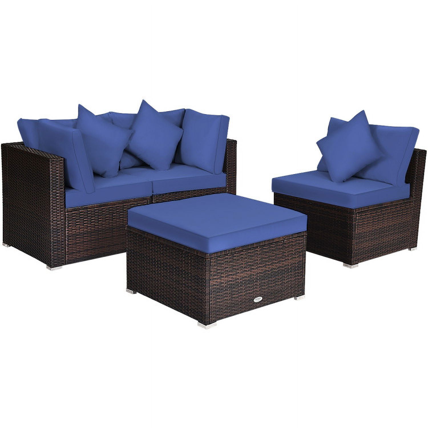 Aimee Lii 4 Pcs Ottoman Garden Deck Patio Rattan Wicker Furniture Set Cushioned Sofa, Outdoor Deck Furniture, Navy Aimee Lii 4 Pcs Ottoman Garden Deck Patio Rattan Wicker Furniture Set Cushioned Sofa, Outdoor Deck Furniture, Navy